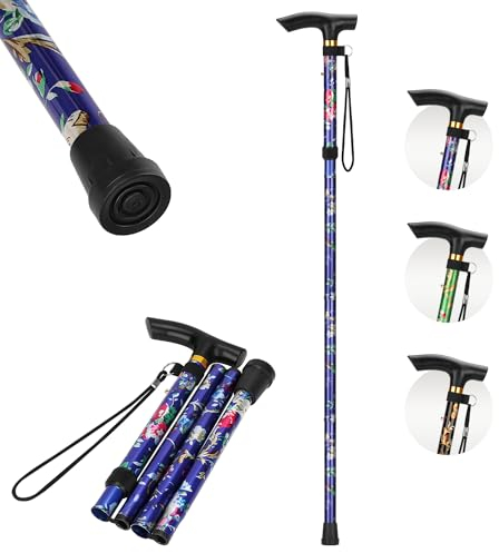 supregear Bastone Pieghevole per Donne, Bastone da Passeggio Leggero con Motivo Floreale, Cinturino da Polso e Manico a T, Bastone da Viaggio Regolabile in Altezza su 5 Livelli per Anziani e Disabili