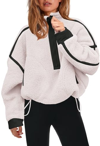 Panadila Damen-Pullover mit halbem Reißverschluss, Sherpa-Fleece, weich, übergroß, Sweatshirt mit Taschen, warm, flauschiger Pullover, Weiss/opulenter Garten, S