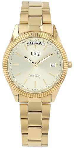 Q&Q SmileSolar Q&Q Analoge Damenuhr mit Tages- und Datumsanzeige, Edelstahl-Armband, goldfarben, leger, analog