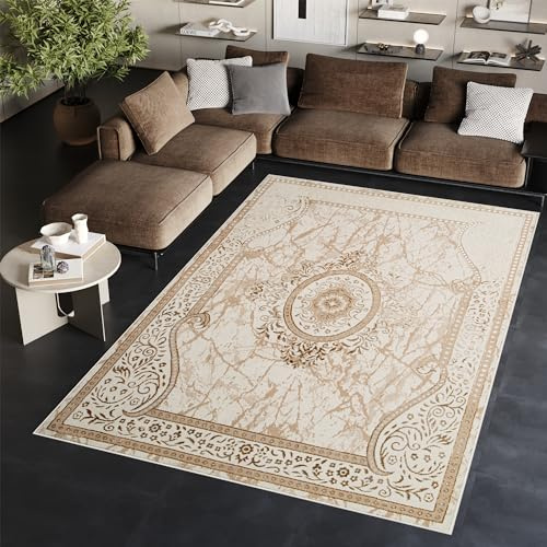 TAPISO Ares Teppich Kurzflor Glänzend Braun Creme Blumen 160 x 220 cm | Bordüre Barock Klassisch 3D Effekt Wohnzimmer Schlafzimmer OEKO-TEX