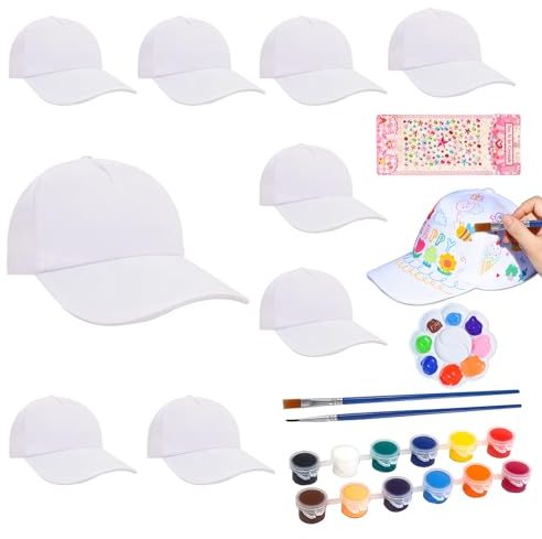 Tulov 10 Stück DIY Kappe Kinder, Weiß DIY Baseballcap Kinder Kappen mit 12 Farben & Pinseln & Palette & bunten Aufklebern, Kappen zum Bemalen Kinder eignet sich als Geschenk für Kinder
