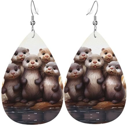 Niedliches Otter-Muster, Leder-Tropfen-Ohrringe, Anhänger in Tropfenform, stilvoll und schön, leicht, baumelnd für Damen und Mädchen, Einheitsgröße, Leder