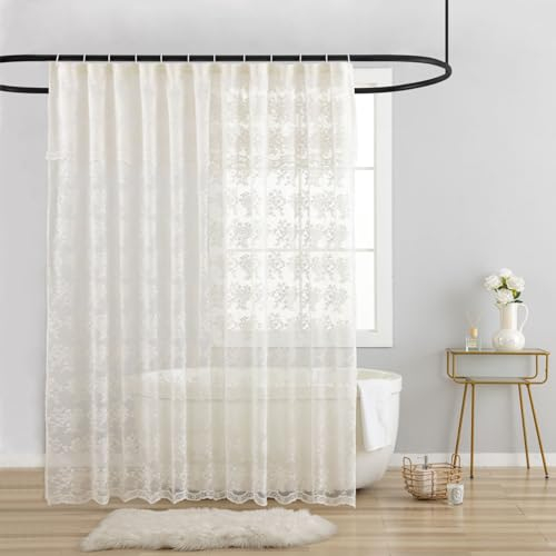 TUDECO Rideau de douche en dentelle ivoire avec cantonnière attachée, rideau de douche tricoté rustique vintage à motif floral pour salle de bain, bord festonné, trous renforcés, 183 x 183 cm, 1