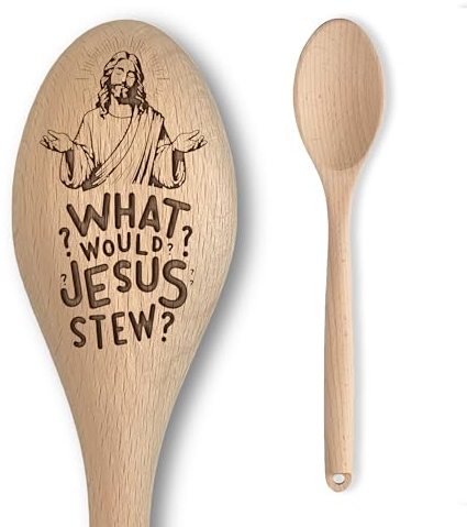 The Laser Factory Jesus Kochlöffel - What Would Jesus Stew? Holzlöffel mit Gravur - Lustiges religiöses Geschenk für Hobbyköche - Erschwingliches & lustiges Backgeschenk für Männer/Frauen