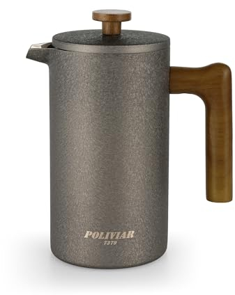 POLIVIAR Cafetiere 8 Cup, French Press Coffee Maker with Wood Handle, Double Walled Insulated Cafetiere &1 Extra Filter, Insulated 1L French Press for Coffee & Tea, Includes 1 Extra Filter