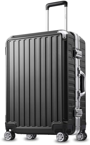 LUGGEX Koffer Mittelgroß mit Aluminiumrahmen, Zipperloser Hartschalen-Trolley aus Polycarbonat mit 360° Rollen (Schwarz, 68 cm, 71 L)