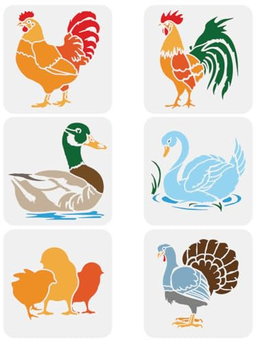 FINGERINSPIRE 6 Stück Malschablone Mit Geflügelmotiv 20x20 cm 6 Stile Für Haustiere Hühner Hähne Küken Gänse Enten Truthähne Sprühschablone Bauernhof Spitzschnäbeliges Tiermotiv Wandvorlage Für Holz