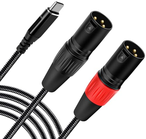 Anewbig USB C to Dual XLR Male Audio Cable, 6.6FT USB C to 2 Male XLR Stereo Power Amplifier Cable for Mobile Phone Connection Active Speaker, Black Braided