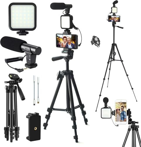 Vlogging-Kit, YouTube-Starter-Kit, Vlogging-Kit für iPhone/Android-Telefone/Kameras, Telefonhalter für Videoaufnahmen mit Ausziehbarem 50inch Stativ/Mikrofon/Aufhelllicht/Aufnahmefernbedienung