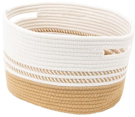 Kriovoa 1 Pack Woven Storage Baskets - Cotton Rope and Brown/White Baskets for Shelves, Toys, Towels, Nursery, Books