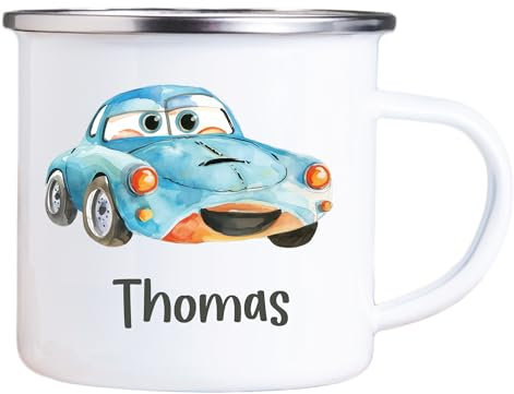 4youDesign Emaille Tasse Kinder personalisiert – Auto – Rennwagen Namenstasse – Geschenk für Jungen & Mädchen – Bruchsicher & Leicht – Geschenkidee zur Einschulung & Geburtstag - 300ml