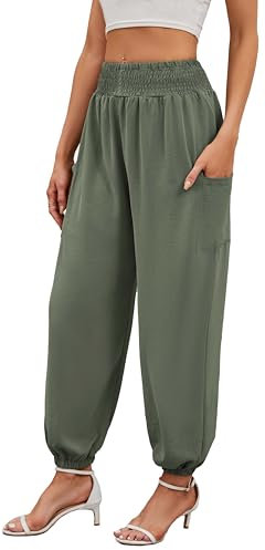 Neineiwu Haremshose Damen Lang für Sport Workout-Yogahose Jogginghose Sommerhose Leicht Weiche Lockere Bequem mit Groß Taschen,Armeegrün,XL