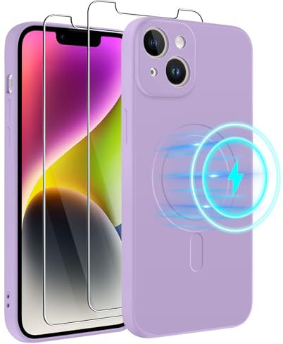 Votvloay Cover Magnetica per Apple iPhone 14 6,1 Custodia e 2 Pellicole in Vetro Temperato,Compatibile con MagSafe,Morbido Silicone Liquido Protettiva Case Cover per iPhone 14,Viola Lilla