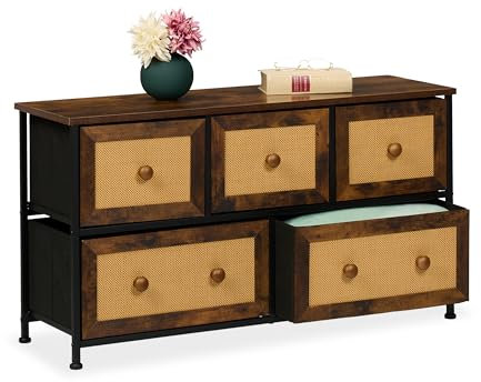 Relaxdays Kommode, 5 Schubladen, Rattanoptik, Flur, Schlafzimmer, HBT 54,5x100x32,5 cm, Sideboard, Metall, braun/schwarz
