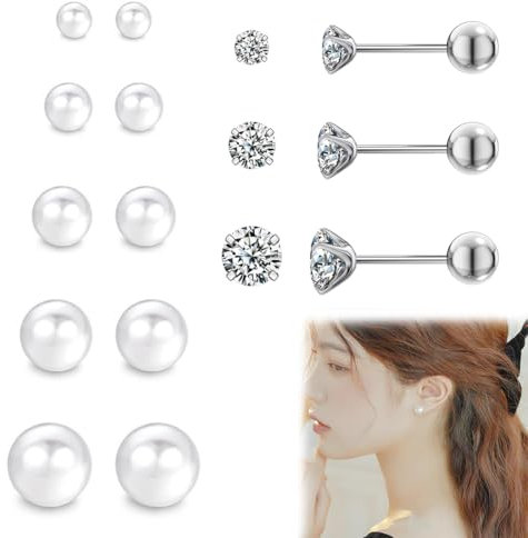 AIYVELU 8 Paare Perlenohrringe, Perlen Ohrringe, Damen Perlen Ohrringe Sterling 456810mm Button Weiß Süßwasser Perlen Ohrstecker, Geschenk für die Frau und die Tochter eines Freundes