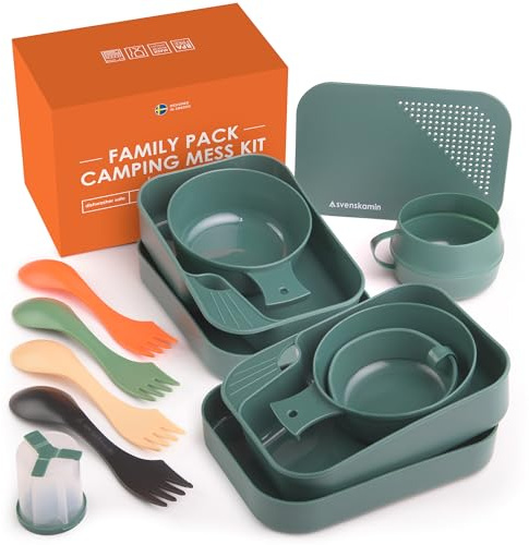 Camping Mess Kit for 4 - Compact 14-Piece Set Including, Cups, Bowls, Silverware, Cutting Board, Salt & Pepper Shakers