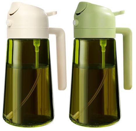 YARRAMATE Spruzzino Olio in Vetro Luce Blocco Scuro Verde per Friggitrice Aria 2 in 1 da 2, 470 ml Dosatore d'Oliva Bottiglia e Oliera Spray da Cucina, Nebulizzatore (bianco e verde)