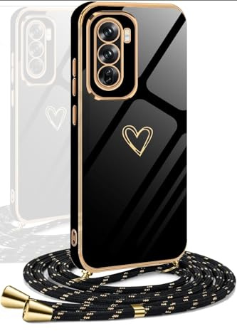YAMCCCSE Cover per Oppo Reno 12 PRO 5G con Cordino,Elettrolitico Cuore Custodia per Oppo Reno 12 PRO 5G con Tracolla,Antiurto Donna Cuore Cover per Oppo Reno 12 PRO 5G Cordino,Nero