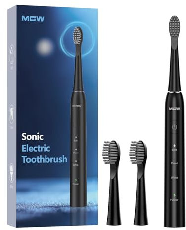 MGW Sonic Electric Toothbrush, USB Rechargeable, Waterproof, Smart Timer, 2 Brush Heads, Black