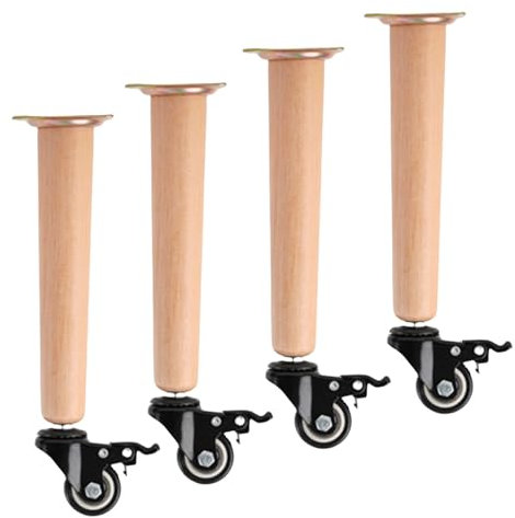 Lot de 4 pieds de meubles en bois de hêtre avec freins pour table, canapé, bureau, lit, design droit, effilé, pieds mobiles en bois de hêtre (25 cm)