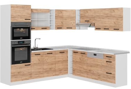 Vicco Eckküche R-Line, Küchenzeile in L-Form, Goldkraft Eiche/Weiß, 237 x 247 cm AP Marmor