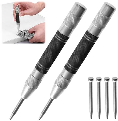 Punzone Centro, 2 Pezzi Punzone per Metallo Automatico per Impieghi Pesanti, Strumento di Perforazione con Tensione Regolabile, per Metallo, Legno, Vetro e Plastica, Include 4 Punte di Ricambio
