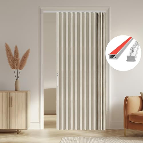 AJAZZ 100% Blackout Accordion Door Curtain Magnetic Door Curtain for Bedroom Living Room Doorway Curtains Sets Included Tracks (1Panel, 53W x 79 L, Cream)