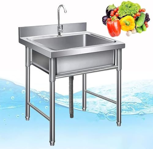 DCLINAD Edelstahl-Küchenspüle Freistehend Integriertes Standwaschbecken Einzelbecken Spültisch Mobiles Waschbecken Mehrzweckspüle Küchenspüle Mit Ablagen Für Restaurant, Waschküche, Garage