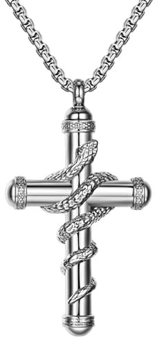 Oidea Snake Cross Urn Necklaces for Ashes: Silver Men Women Openable Stash Necklace with Spoon Ashes Necklace Memorial Keepsake Cremation Jewelry for Human Ashes