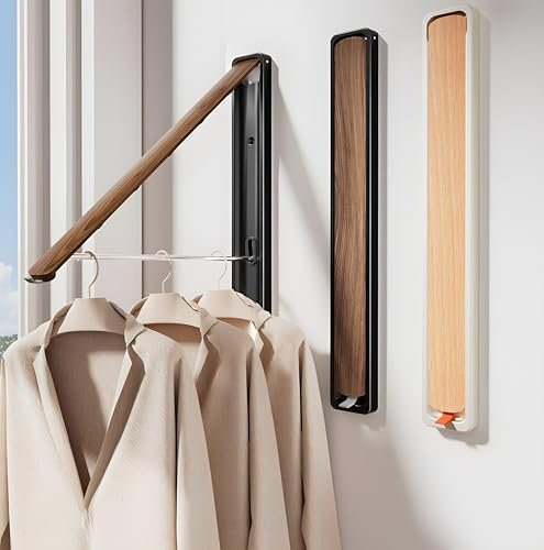Tringle à vêtements pliable murale en aluminium – Crochet porte-manteau extensible, peu encombrant, design moderne aspect noyer ou hêtre (noir - noyer)