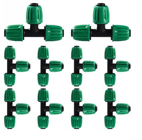 10 conectores en T de riego por goteo de 16 mm de plástico con púas adaptador de riego por goteo para camas elevadas, granjas, césped, invernaderos