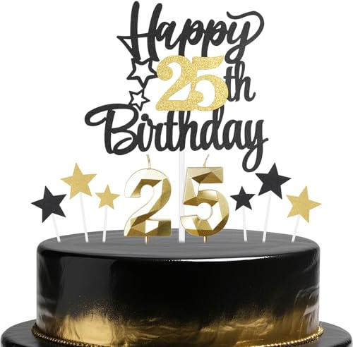Black Gold 25th Birthday Candles Cake Toppers Set,25th Birthday Decorations for Boy,Golden Number 25 Candle for Cake,Gold Candle Black Star Cupcake Toppers for Girls Boys Birthday Party Supplies