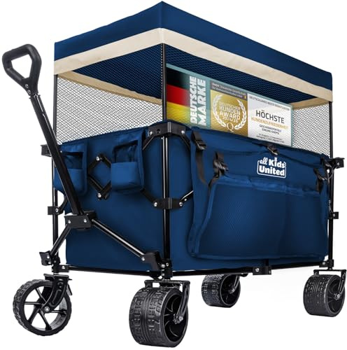 Faltbarer Bollerwagen Handwagen Transportkarre; Strand-Buggy bis 90L&150kg; XXL Geländeräder mit Bremse; Leiterwagen; Camping-Wagen für Strand, Garten & Outdoor; Verstellbarer Griff & Tasche (Blau)