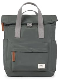 ROKA London Canfield B Small Sustainable Nylon Backpack Thyme | Compact roll top backpack with wide zip opening, tablet storage, secret pocket, side pockets and adjustable shoulder straps