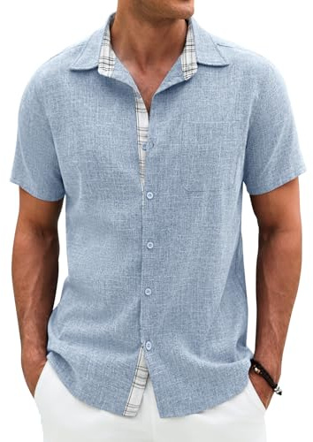 Lonya Men's Shirt Summer Casual Business Short Sleeve Button Down Tops Comfortable Hawaiian Holiday Beach Shirts with Pockets Blue Grey,XXL