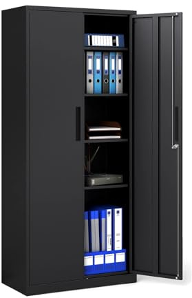 KOMFOTTEU Aktenschrank Metall mit verstellbaren Regalen, Metallschrank 180cm abschließbar mit Doppeltür, Werkstattschrank Büroschrank für Büro Wohnzimmer, Schwarz