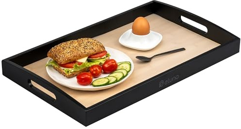 eluno Serviertablett aus Bambus, Servierplatte mit seitlichen Griffen und Einlegeboden, ideal als Frühstückstablett - geeignet für Wohnzimmer, Schlafzimmer oder als Dekoration (Natur-Schwarz)