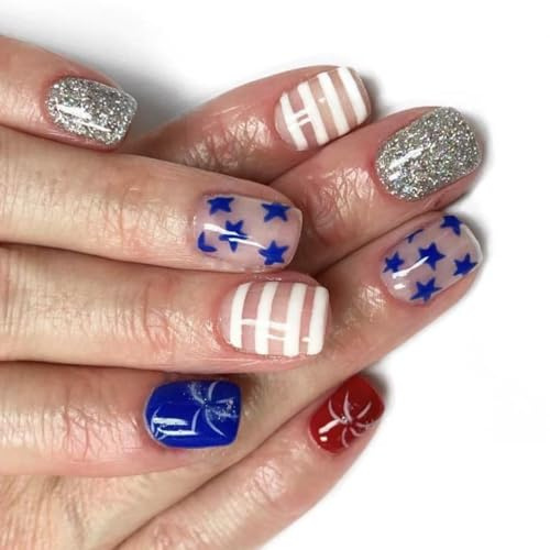 4th of July Square French Tip Fake Nails Independence False with America Flags Star Stick on Glues on