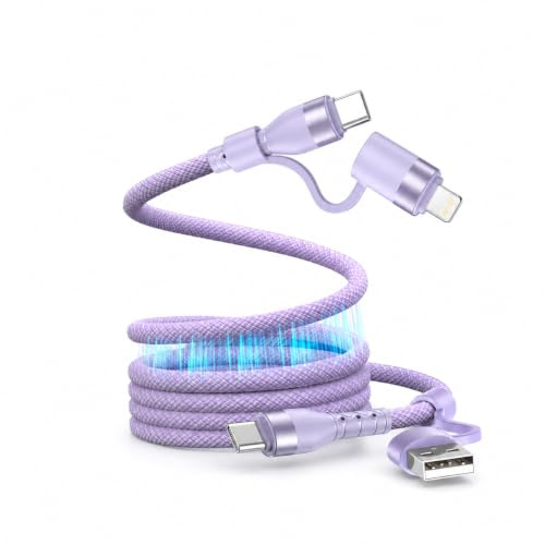 NEWZEROL 100W Magnetic 4-in-1 Charging Cable for iPhone, MacBook, Samsung | USB C / Lightning / USB A fast charging cable, 100W magnetic anti-tangle braided, car & travel, easy to store - 1M Purple