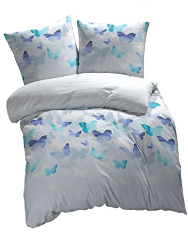 etérea Mako Satin Baumwolle Bettwäsche Lilu Schmetterlinge 155x220 2er Set - mit Reißverschluß - nach Oekotex 100 - Bettbezug mit Kissenbezug - 155 x 220 + 80 x 80 cm - Blau