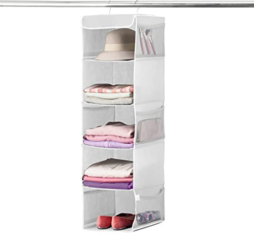 Hanging Wardrobe Storage Organiser - 5-Tier Hanging Shelves with Durable Metal Hooks - Breathable, Easy Access Closet Storage System with Pockets - Clothes & Shoes Hanging Cupboard Storage - White