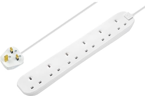 Masterplug Six Socket Extension Lead, Unswitched, 2 Metre Cable, 6-Way Plug Extension Cable, Power Strip, Basic Power, White, 13A, 6G, 2m, BSG210N