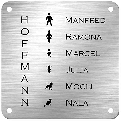 Edelstahl Türschild Namensschild mit individueller Laser-Gravur * Modell Hoffmann (200 mm x 200 mm)