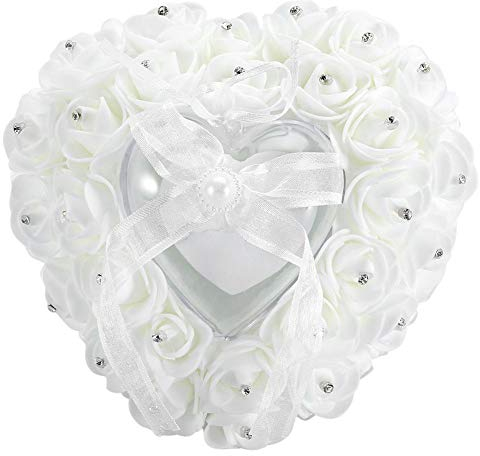 DEWIN Kissen Rose, Romantische Herzförmige Eheringbox Rose Strass Dekor Ringkissen Kissen Mal Anders Kissen (Weiß)