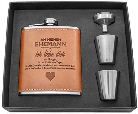 Kundenspezifisches braunes Hüftflaschenset, Edelstahl mit Lederflaschengeschenken für Männer, personalisiertes Weihnachtsgeburtstagsmann-Hüftgeschenkset, mit schwarzer Geschenkbox (An Meinen Ehemann)