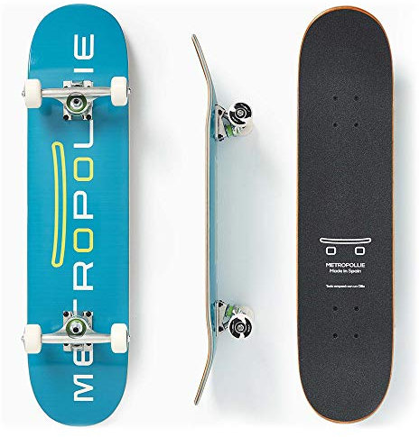 Metropollie - Komplettes Skateboard – blaues Skateboard für Kinder, Jugendliche und Erwachsene – 7-lagiges Deck, 100% kanadisches Ahornholz, ABEC-5-Kugellager, 52 mm Räder und Jessup Schleifpapier