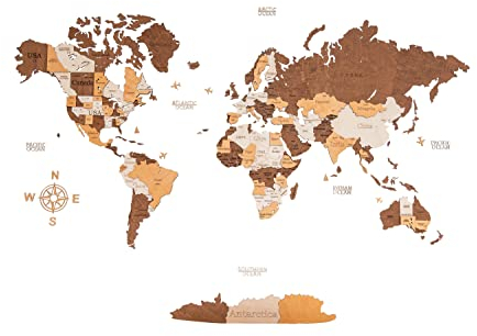 Woodvio 3D Wooden World Map, Decorative Wall Art for Home and Office Décor - size Medium (120x62cm)