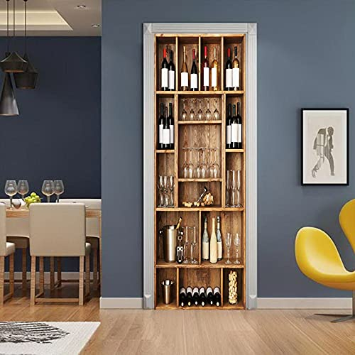 A.Monamour Türtapete Selbstklebend Türfolie Türposter 3D Weinschrank Regal Aus Holz Mit Weinflaschen In Einer Bar Vinyl Folie Türdeko Tapete Wandbild Türaufkleber Türtattoo 77 x 200 cm