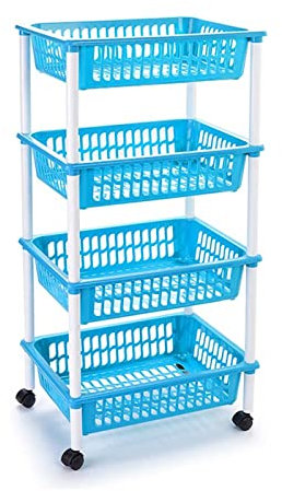 AC - Carrito verdulero Modelo PLFT de plástico con 4 Niveles y Ruedas, cestas apilables portaobjetos, Frutas, Verduras, Cocina, baño (Azul - 85 x 40 x 30 cm)