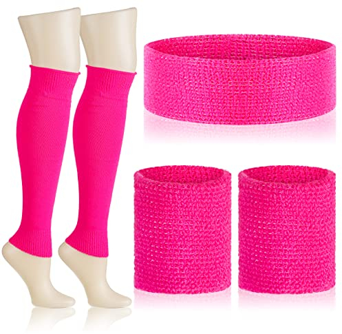 BBTO 80er Damen Zubehör Set Beinlinge Stirnband und Armbänder Laufen Strick Schweißbänder Set 80er Jahre Frauen Retro Kostüm Zubehör für 1980er Thema Party Kostüm Outfit Accessoires (Hellrosa)
